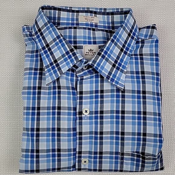 Peter Millar Other - Peter Millar Hidden Button-Down Long-Sleeve Blue Plaid Dress Shirt XL